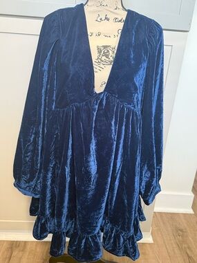 Free People Deep Navy Velvet V-Neck Ruffle Dress